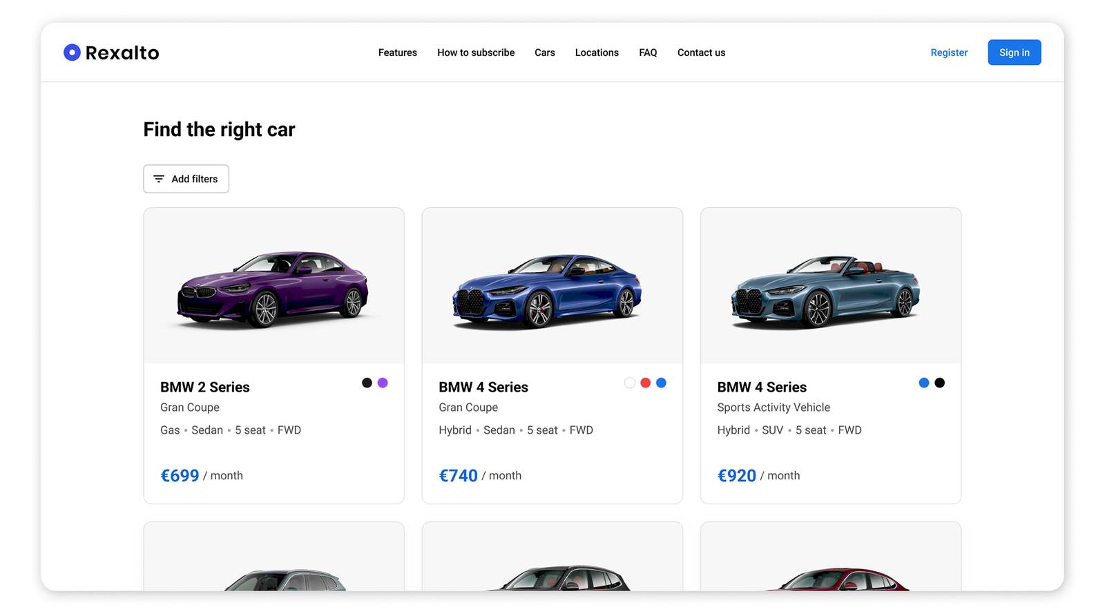 Rexalto car subscription storefront — browse and filter screen, UAE